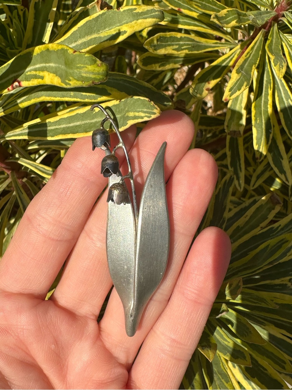 Vintage Mid-Century Lily of the Valley Brooch Brushed Pewter-Tone Estate Pin
